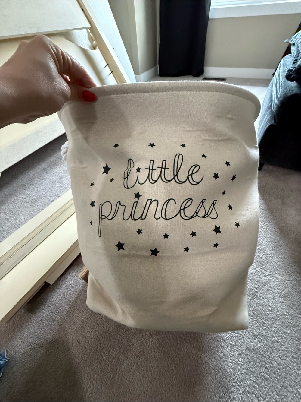 Little Princess Canvas Storage Bin - Cream with Black Print